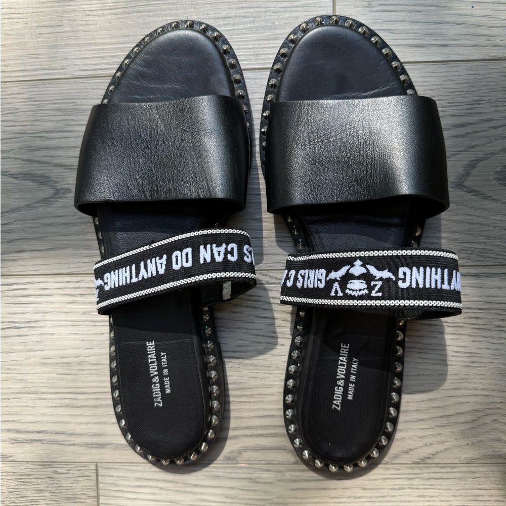 Zadig & Voltaire Black Studded Sandals with Text Straps - Picture 2 of 3
